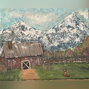 Charming Barn Landscape Painting with Snowy Mountains